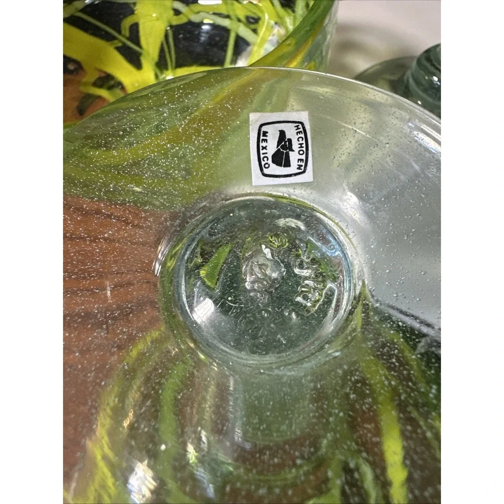 4 Margarita Glasses Hand Blown Recycled Mexican Yellow & Green Drizzle 6.5 